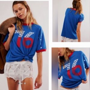 FREE PEOPLE RAGABOND WOMENS 76 RED WHITE BLUE RINGER TEE ORGANIC COTTON MEDIUM